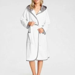 Budget ✔️ Unisex-Bademantel, TOM TAILOR, mit Satinbordüre Anthrazit, Weiß 😀