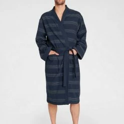 Coupon ⌛ Unisex-Bademantel »Wellness Kimono«, TOM TAILOR, mit Streifen Navy, Sand 🎁