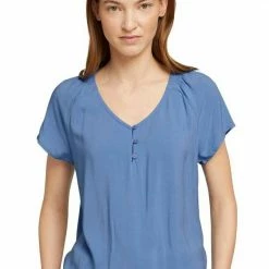 Budget 🔔 TOM TAILOR 👕 Shirtbluse mit Raffungen am Ausschnitt Sea Blue, Sky Captain Blue, Flamingo flower ⭐