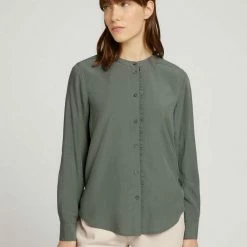 Billig 🌟 TOM TAILOR Langarmbluse »Rüschen Bluse mit Lyocell« Dusty mid olive, Deep black 🥰