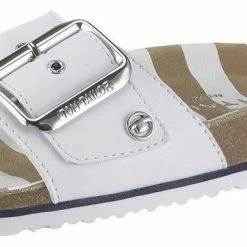 Rabatt 🌟 TOM TAILOR Pantolette mit gestreifter Lederdecksohle Schwarz, Braun, Weiß 👍