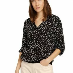 Budget 👍 TOM TAILOR 👕 Shirtbluse mit Gummizügen an den Ärmelabschlüssen Deep black, Black leaf design (schwarz), Beige brown check (braun), Brown leaf design 🛒