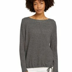 Besorgen ⌛ TOM TAILOR Langarmshirt mit seitlichem Kordelzug am Saum Green melange leaf (grün, meliert), Black stripe (schwarz, gestreift), Grey melange check (grau, meliert) 🔔