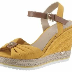 Budget ⌛ TOM TAILOR 🩴 Sandalette mit Logo im Keilabsatz Lachs, Ocker, Blue ✔️