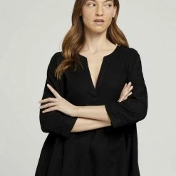 Neu 👏 TOM TAILOR Langarmbluse »Tunikabluse mit Leinen« Deep black, White ⭐