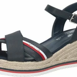 Billig ⌛ TOM TAILOR »Lederimitat« Keilsandalette Dunkelblau, Cognac, Unbekannt 👍